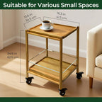 Acacia Wood Rolling Side Table, 2-Tier with Lockable Wheels & Removable Tray, Sturdy Durable for Bar Cart, Nightstand, End Table, Sofa Table