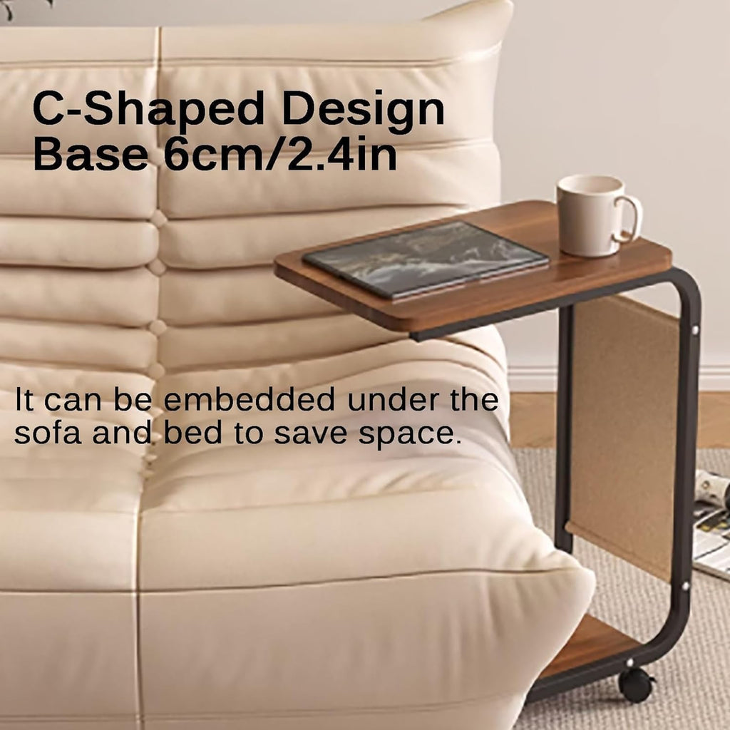 C Shaped End Table with 4 Wheels Side Table Portable Coffee Table Save Space Accent Table for Living Room Center Table