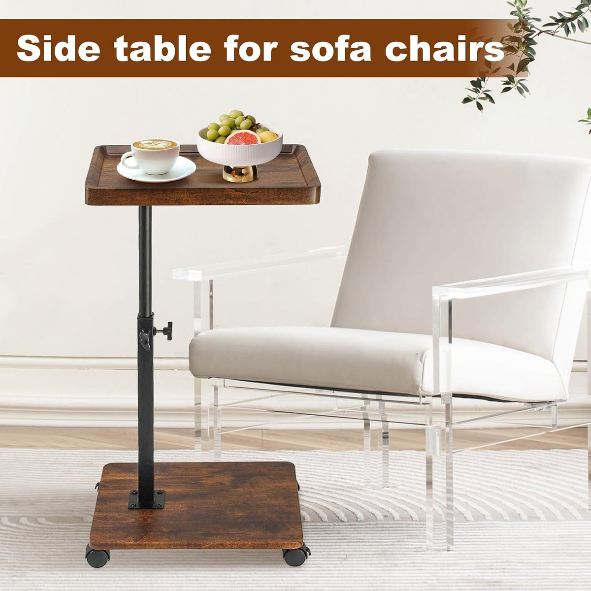 Side Table TV Tray for Couch,Height Adjustable C Shaped End Table for Small Spaces,Bedside Bathroom Living Room (Vintage Brown)