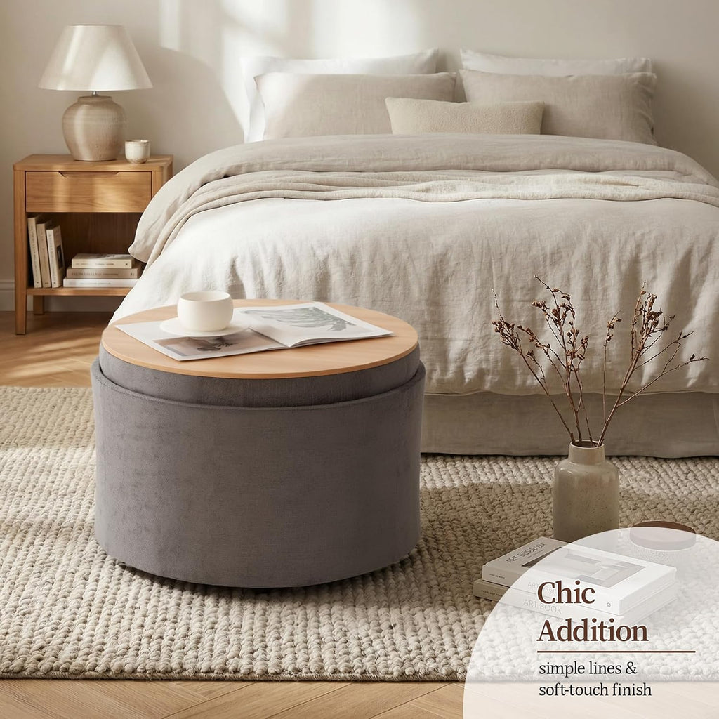 ONBRILL 24" Round Ottoman Coffee Table, Storage Ottoman with Lift-Off Lid | Large Size, Sturdy Steel Frame, 15.4" Height Foot Stool（Better for Low-Profile Sofa), Extra Seat, Entryway Shoe Bench