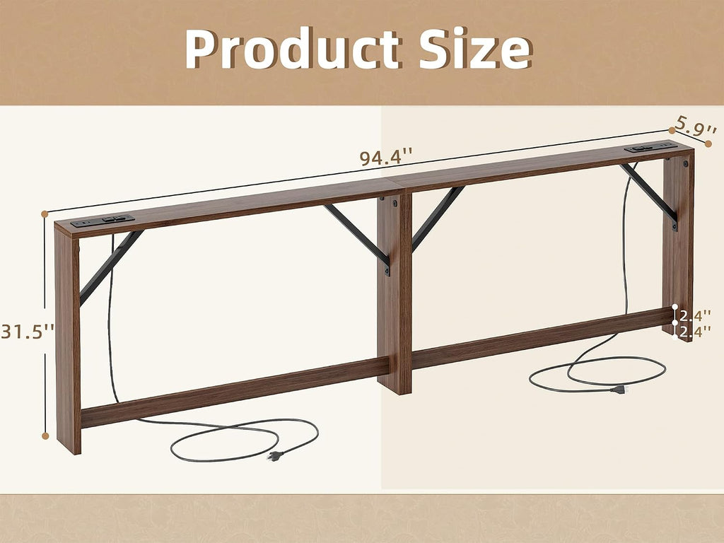 TIQLAB 5.9 Inch Narrow Console Table with Power Outlet,Sofa Table, Total Length 94'' Sofa Table Behind Couch, for Entryway&Living Room, Black Walnut