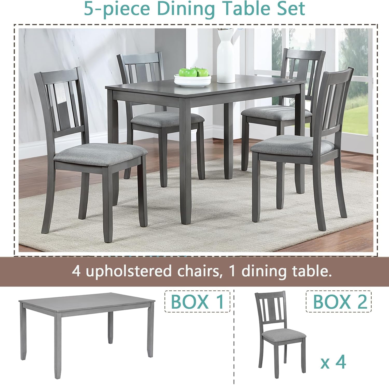 RuiSiSi 5 Piece Dining Table Set for 4, Farmhouse Kitchen Table with 4 Padded Seat Chairs, Solid Wood Dinette Set for Kitchen, Living Room, Grey