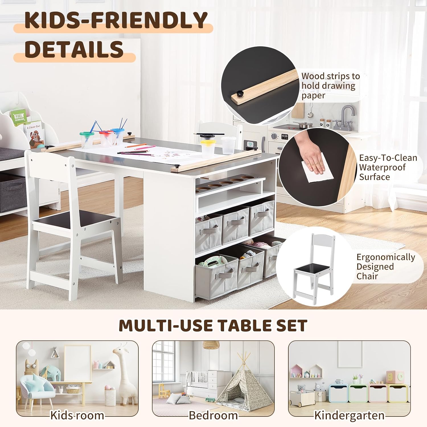 IDEALHOUSE 4-in-1 Kids Art & Study Table Chair Set, Multifunctional Toddler Wooden Activity Desk with Storage Bins, Paper Roll & Organizer for Crafts, Drawing, Learning and Play | Multifunctional Toddler Wooden Activity Desk with Storage Bins, Paper Roll