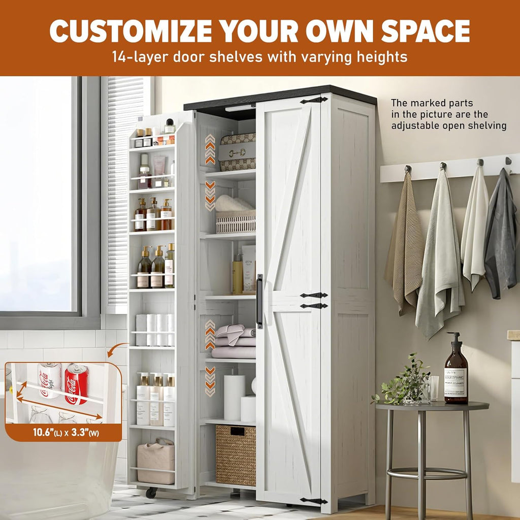 Food Pantry Storage Cabinet with Led Light, 71" Tall Farmhouse Kitchen Pantry Cabinet with Adjustable Shelves, Free Standing Craft Storage Cabinets for Craft Room, Dinning Room or Living Room, White