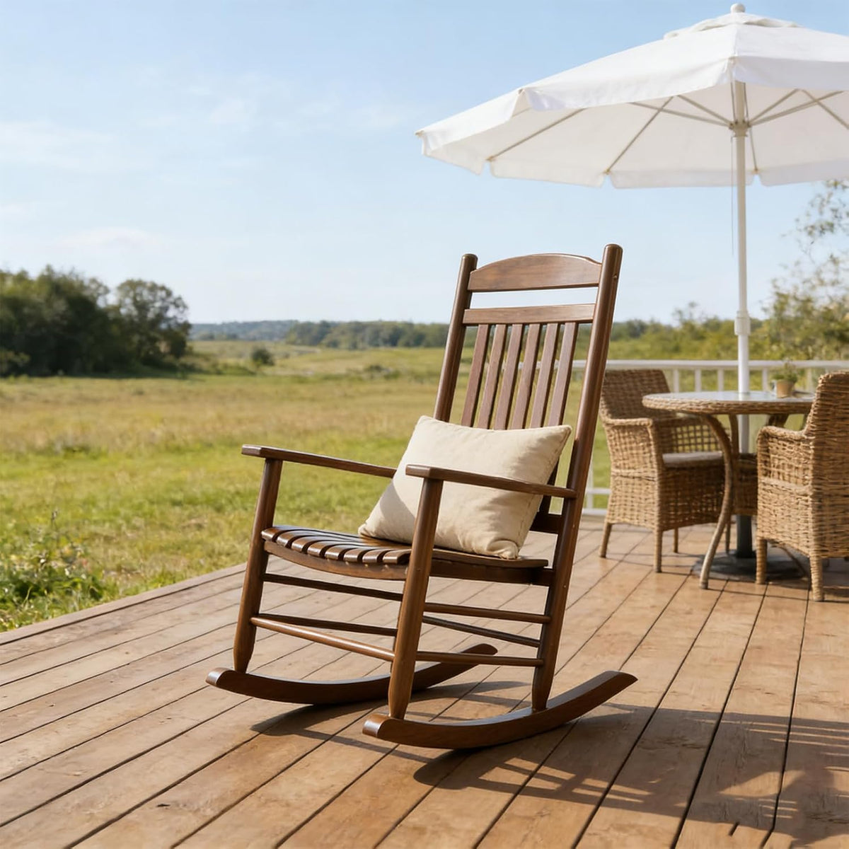 Wooden Outdoor Rocking Chair, Weatherproof Oversized Rocking Chair, Heavy Duty Comfort Brown 450 lbs Weight Capacity, Solid Relaxing Rocker Brown High Back for Patio, Porch, Living Room,