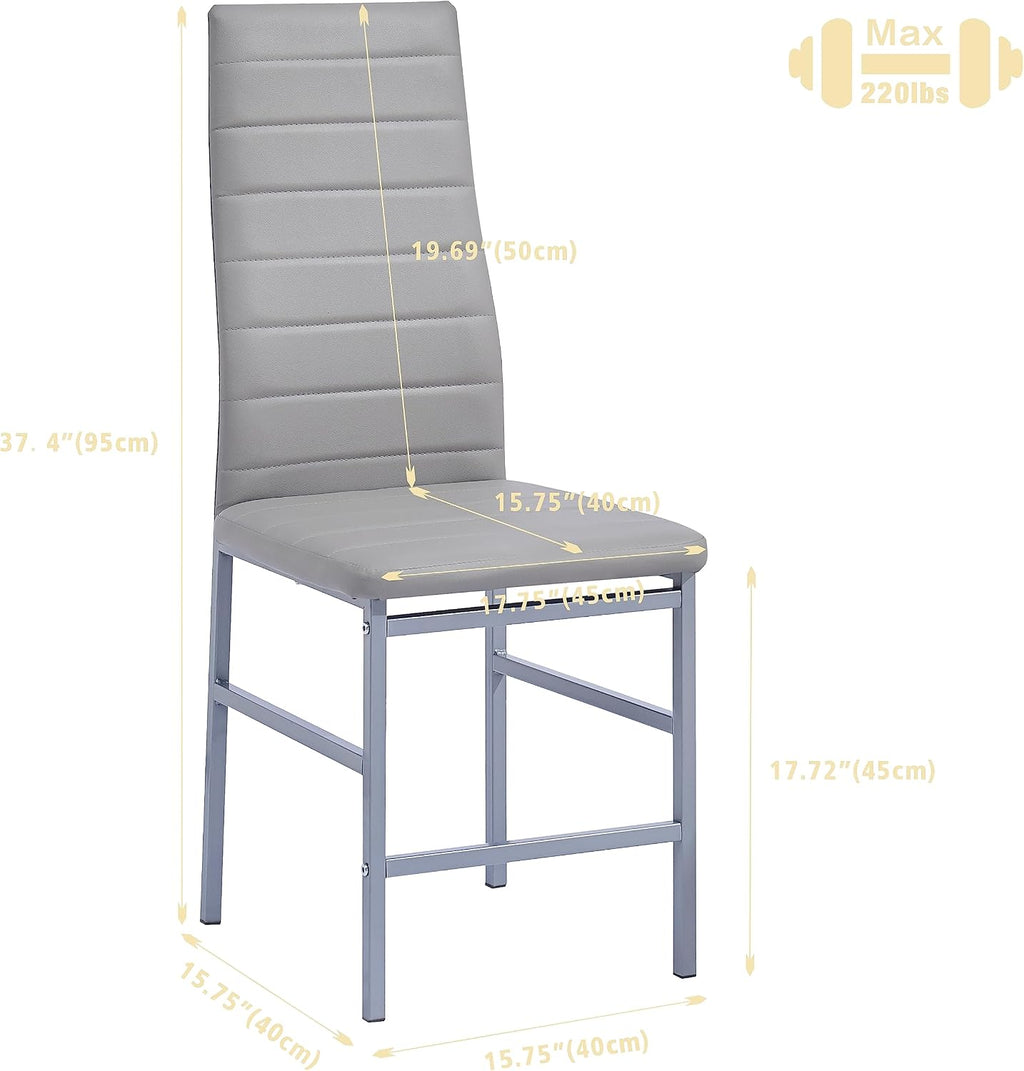 5 Pieces Round Dining Room Set for 4 Contemporary Glass Kitchen Table with 4 PU Chairs Set Compact Silver Legs Glass Table with Grey Chairs Set for Small Space/Apartment
