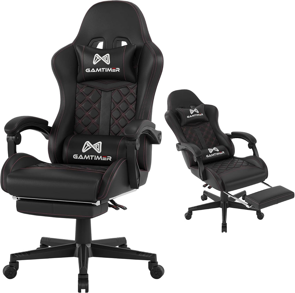Gamtimer Gaming Chair, 400 LB Weight Capacity,with Pocket Spring Cushion | Ergonomic Backrest Office Chair,Leather, with Headrest and Lumbar Support, Footrest, Suitable for Adults(Black)