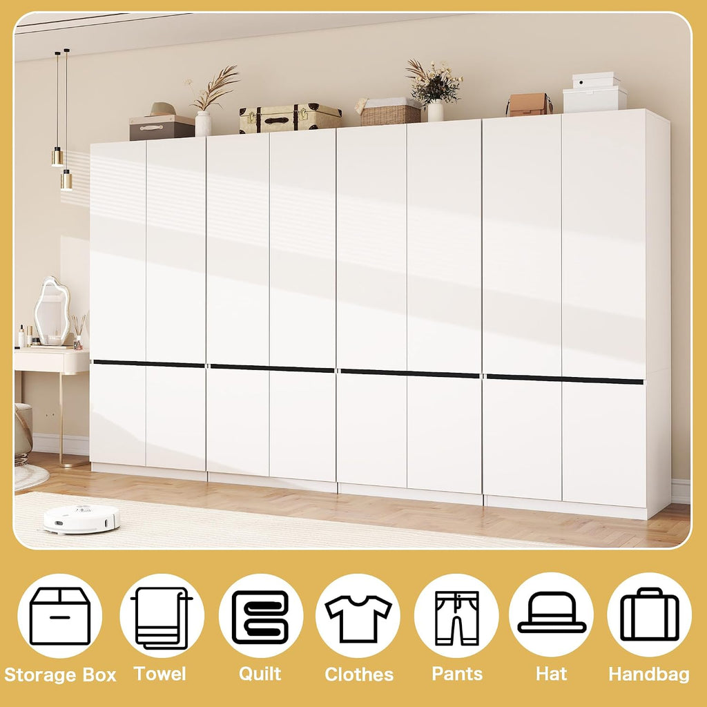 White Armoire Wardrobe Closet: 74" Wooden Wardrobe Closet with 8 Doors, Bedroom Armoires with Hanging Rod, Tall Closets Cabinet for Hanging Clothes (126")