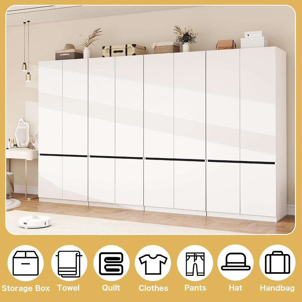 White Armoire Wardrobe Closet: 74" Wooden Wardrobe Closet with 8 Doors, Bedroom Armoires with Hanging Rod, Tall Closets Cabinet for Hanging Clothes (126")