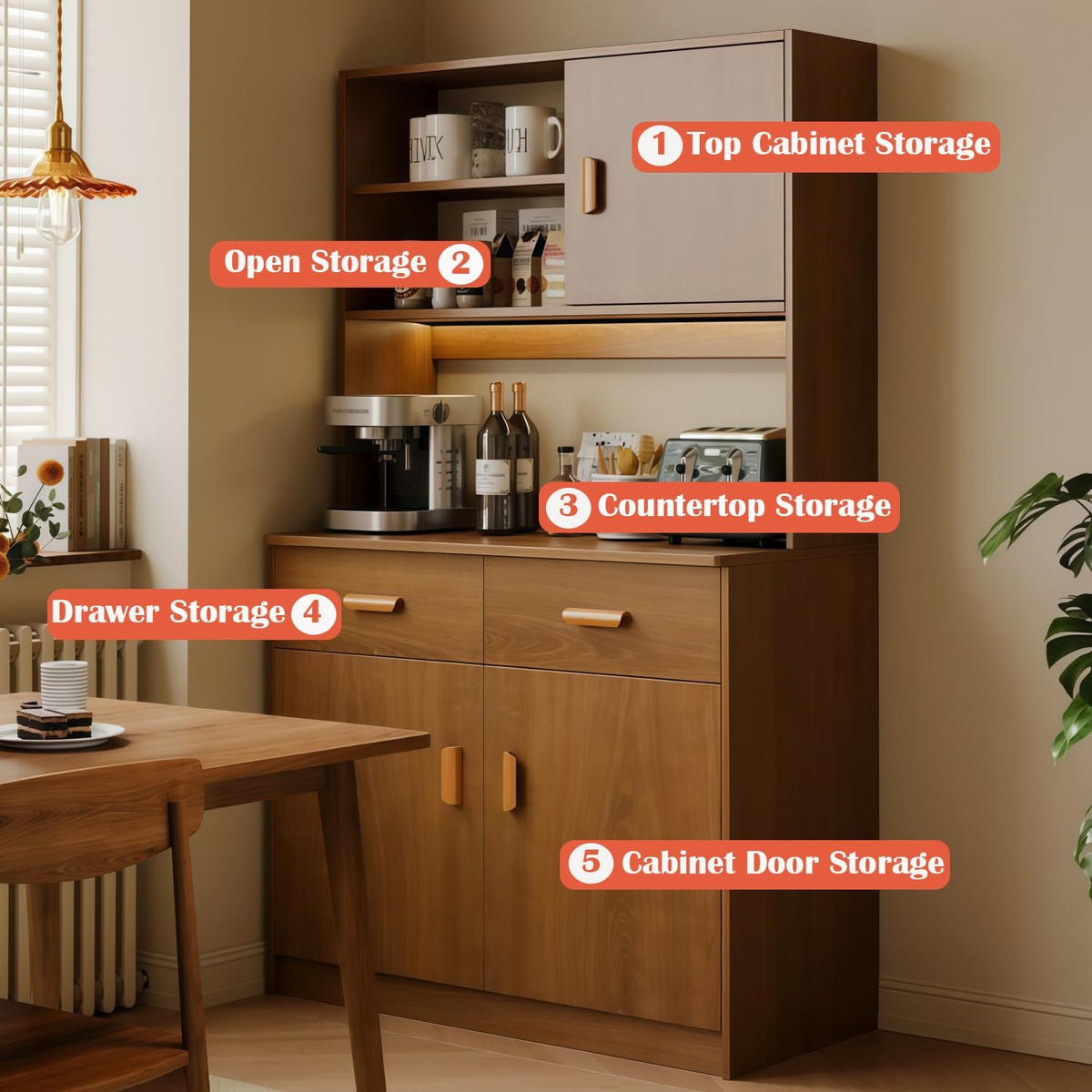 Kavie Kitchen Pantry Cabinet, Large-Capacity Sideboard with Open Shelf, Doors & Drawers, Wide Countertop for Appliances, Freestanding Cabinet for Kitchen (Natural+White,31.5" L*14.1" W*66.9" H)