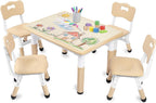 Kinder King Kids Table & 4 Chairs Set, Adjustable Heights, Khaki | Graffiti Tabletop, Children Activity Table, Studying, Drawing, Toddler Furniture Set for Playroom, Daycare, Home, Age 3+