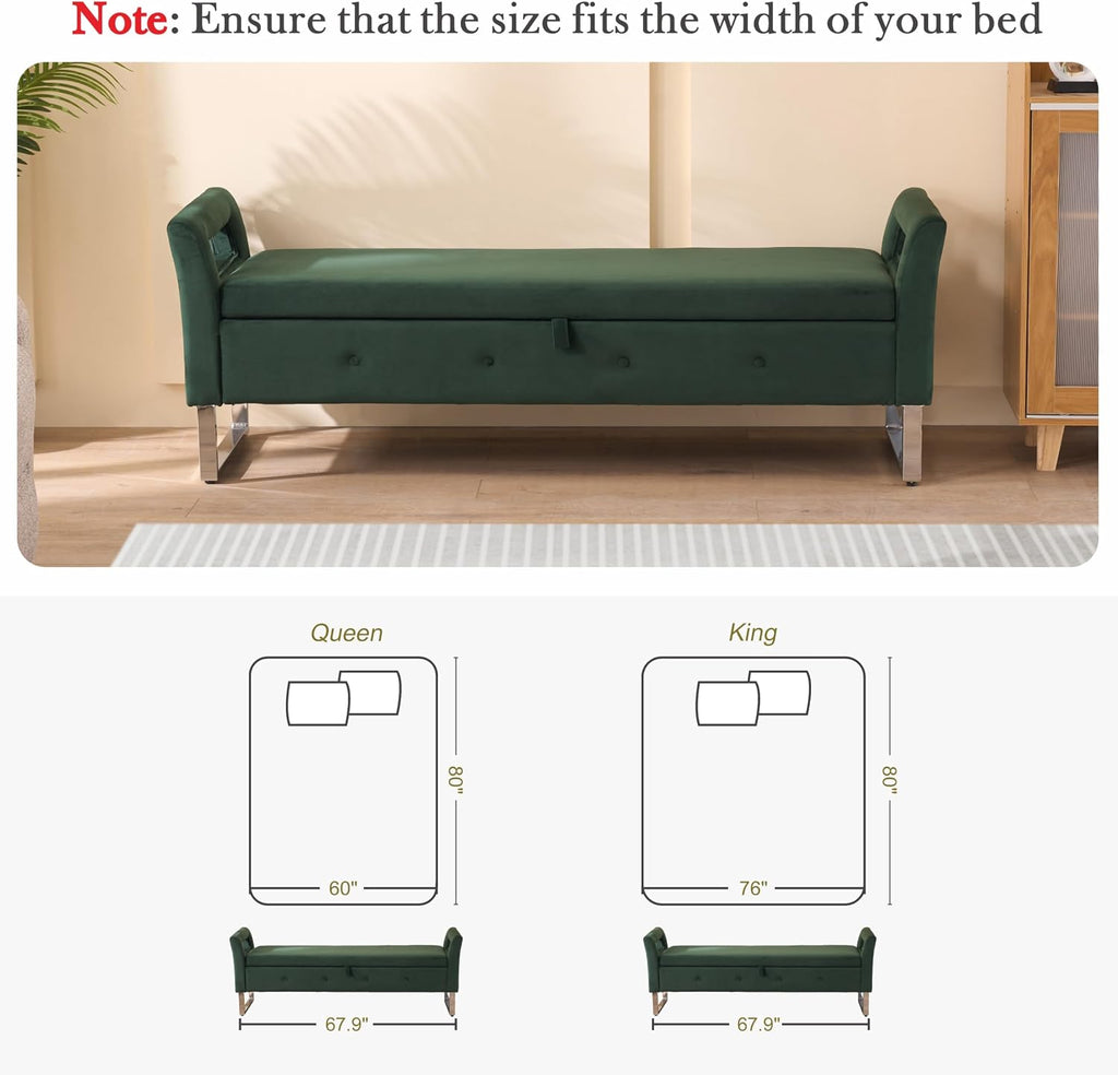 Aoiy & Wifon 67.91" W King Size Bench for End of Bed, Upholstered End of Bed Storage Bench with Metal Legs for Bedroom, Velvet (Green)