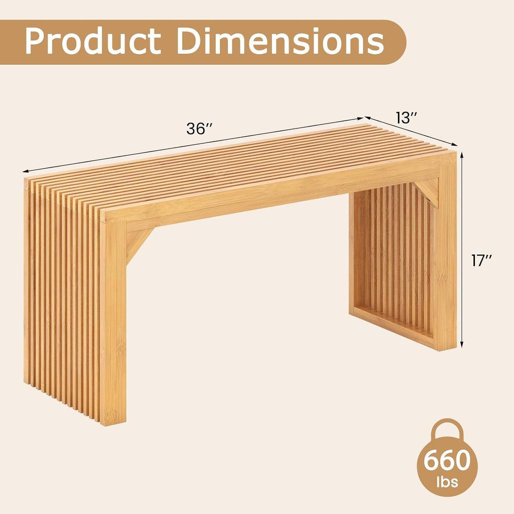 GOFLAME 36” Bamboo Dining Bench, Farmhouse Entryway Bench with Slatted Seat, End of Bed Bench, Outdoor Bench for Kitchen, Bedroom, Living Room, Hallway, 660 LBS Max Load