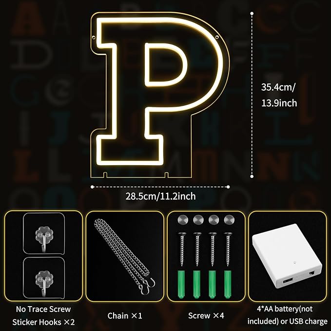 Light Up Letters P, Led Marquee Letter Lights Neon Sign, 13.9" Height Decorative Lighted Alphabet Number, Battery/USB Powered Led Letters Lights for Wedding, Birthday, Party, Christmas or Home Decor