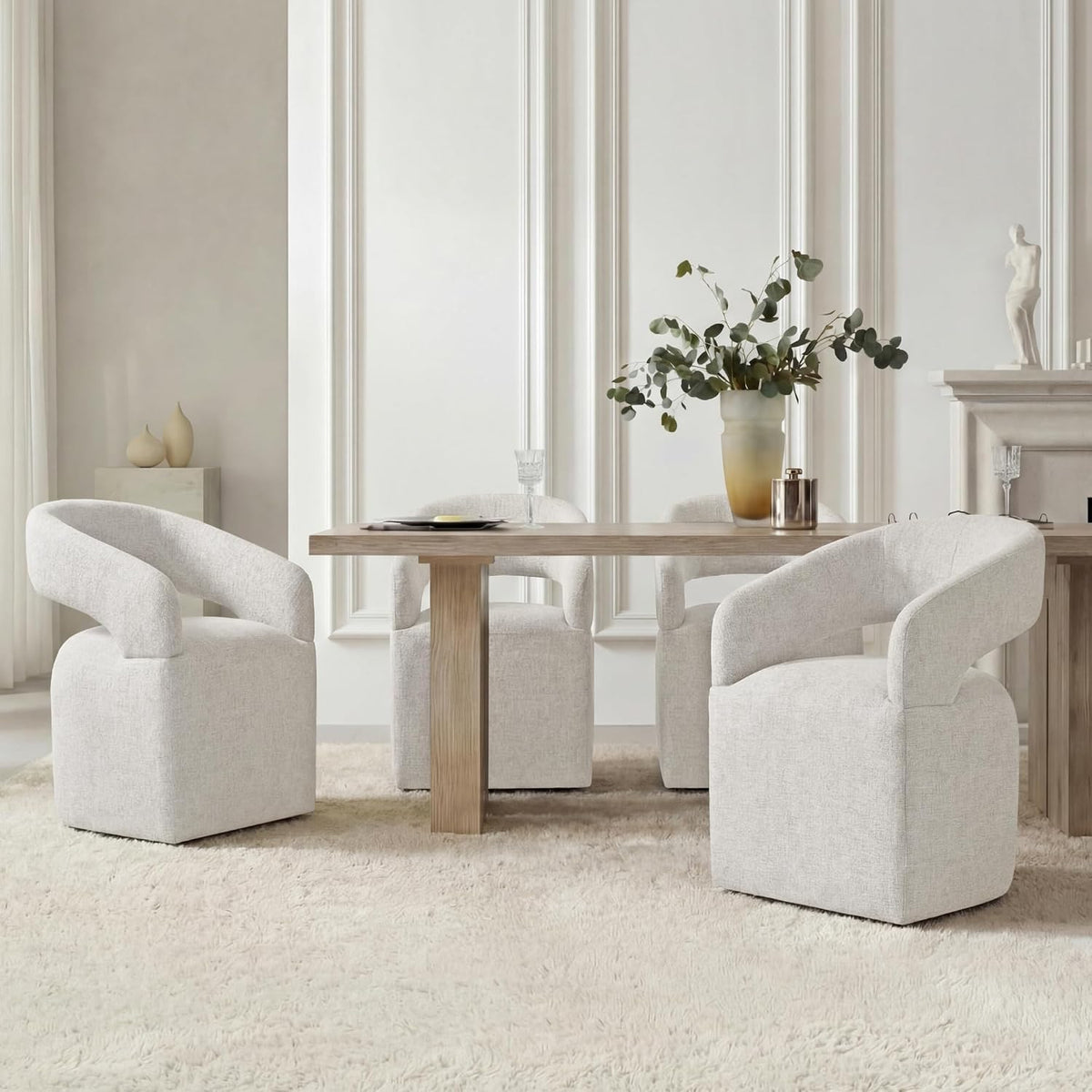 KISLOT Upholstered Dining Chairs Set of 4, Modern Arm Kitchen & Dining Room Chairs with Hidden Casters, Linen Fabric Padded Rolling Chairs, Sturdy Wood Frame, 300 lbs Capacity, Beige