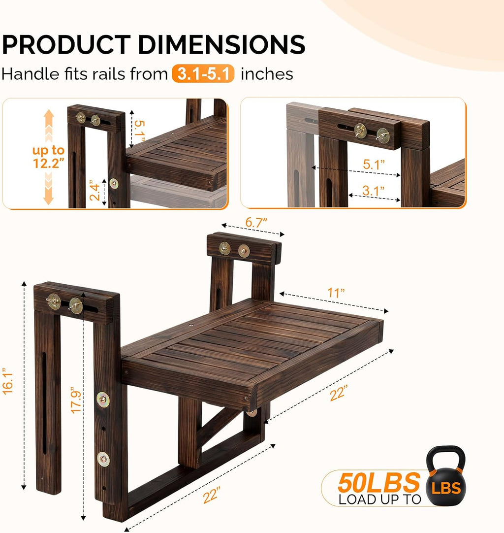 VINGLI 22in Acacia Wood Folding Balcony Hanging Table – Adjustable Height & Width, Balcony Railing Table Ideal for Different Railing Widths, Perfect for Balcony, Patio, Rectangular,Carbonized Color