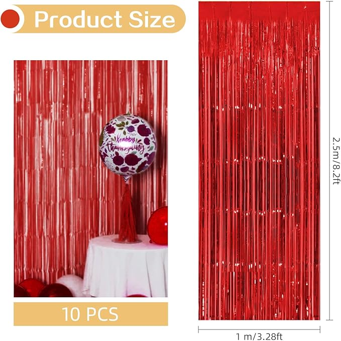 10 Pack Red Backdrop Curtain 3.2ft x 8.2ft Metallic Tinsel Foil Fringe Curtains Photo Booth Background for Birthday Party Decoration Baby Shower Engagement Wedding Christmas Decoration (Red)