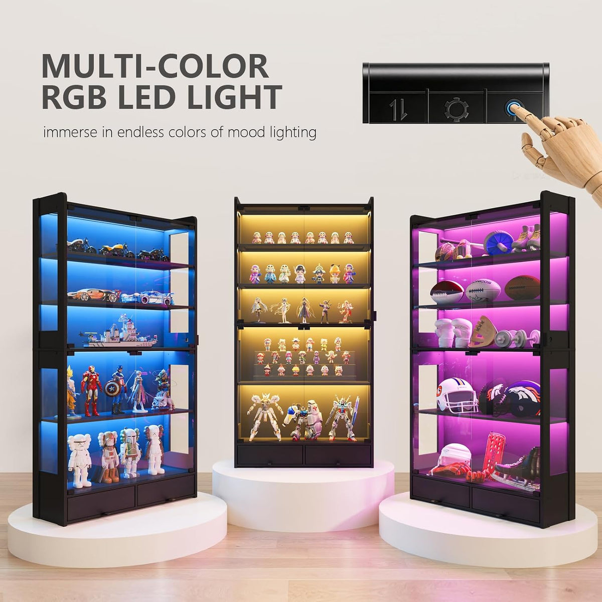 ROCHECASA Glass Display Cabinet 69''H with LED Lights, 5-Tier Showcase with Drawers, Collectible Figure Display Case, Freestanding Curio Cabinet, Tall Storage Shelves, Black, 27.6''W