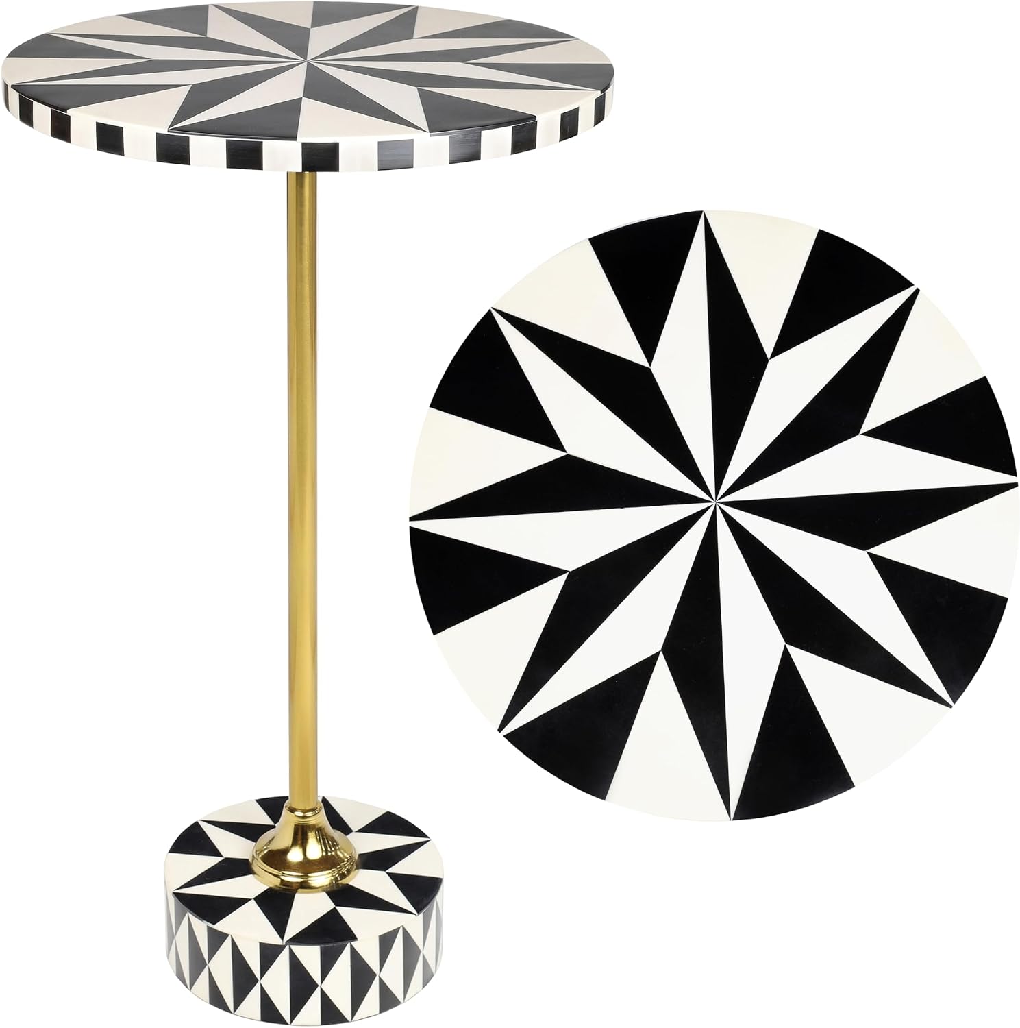 JONATHAN Y Calix 23.5" Round Compass Rose Pedestal Drink Table, Black | Modern Art Deco Style, Glossy Gold Metal Candlestick Leg, Ideal For Small Spaces, Living Room Or Bedroom, Spill-Proof Top