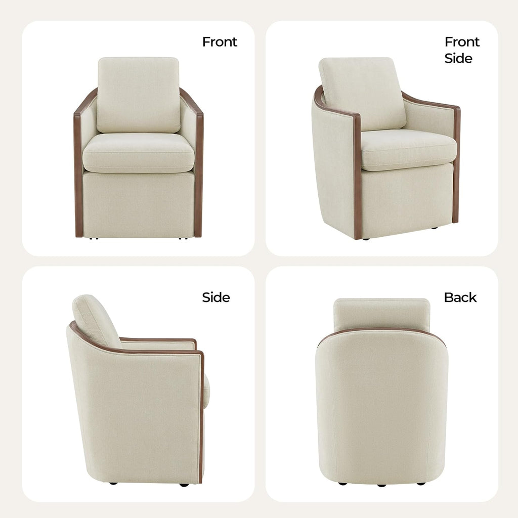 CHITA Upholstered Dining Chairs Set of 4 with Hidden Casters, Modern Dining Chair with Backrest & Wood Armrest, Chenille Barrel Chairs for Dining Room, Kitchen Chairs Fully Assembled, Cream