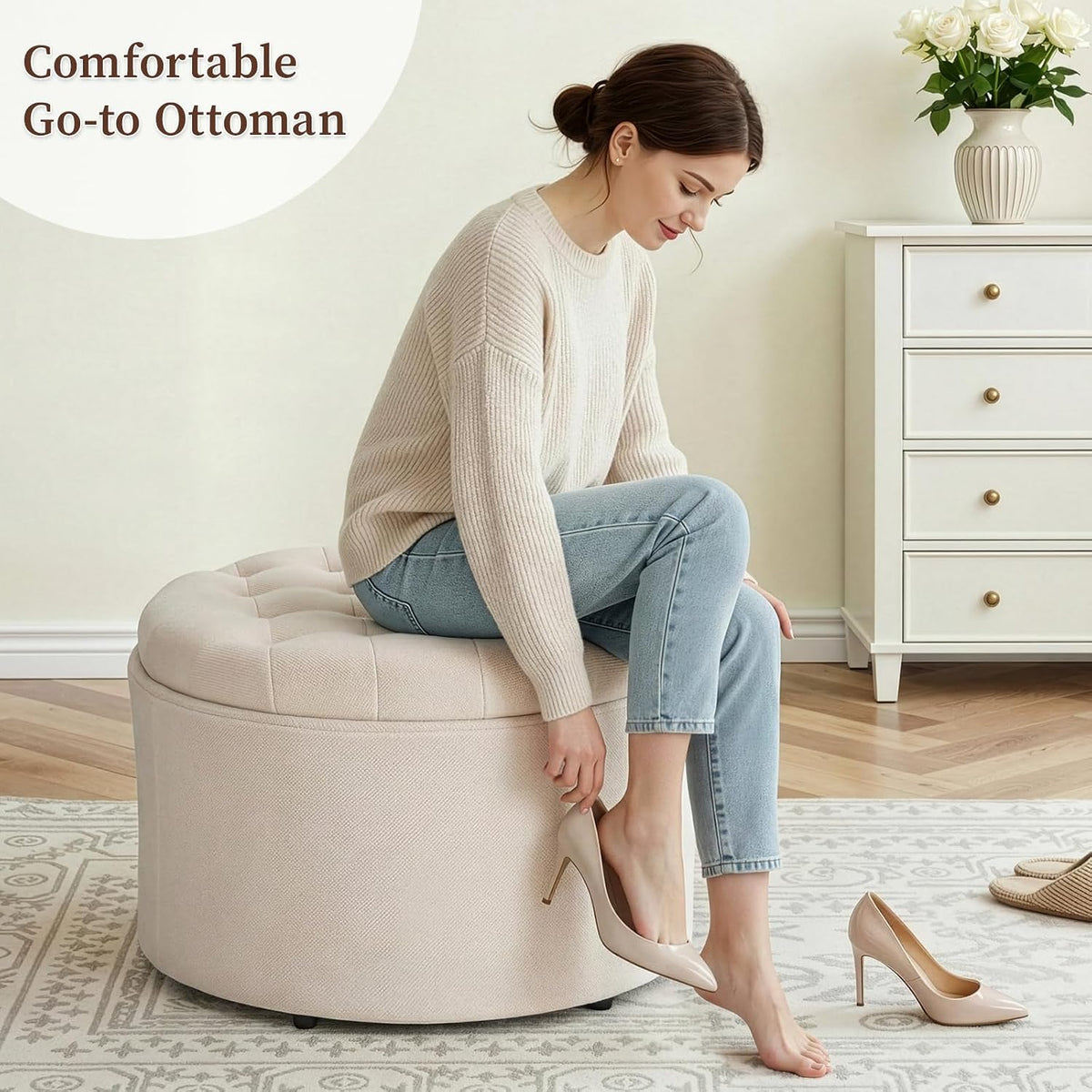 ONBRILL 24" Round Ottoman Coffee Table, Storage Ottoman with Lift-Off Lid | Large Size, Sturdy Steel Frame, 15.4" Height Foot Stool（Better for Low-Profile Sofa), Extra Seat, Entryway Shoe Bench