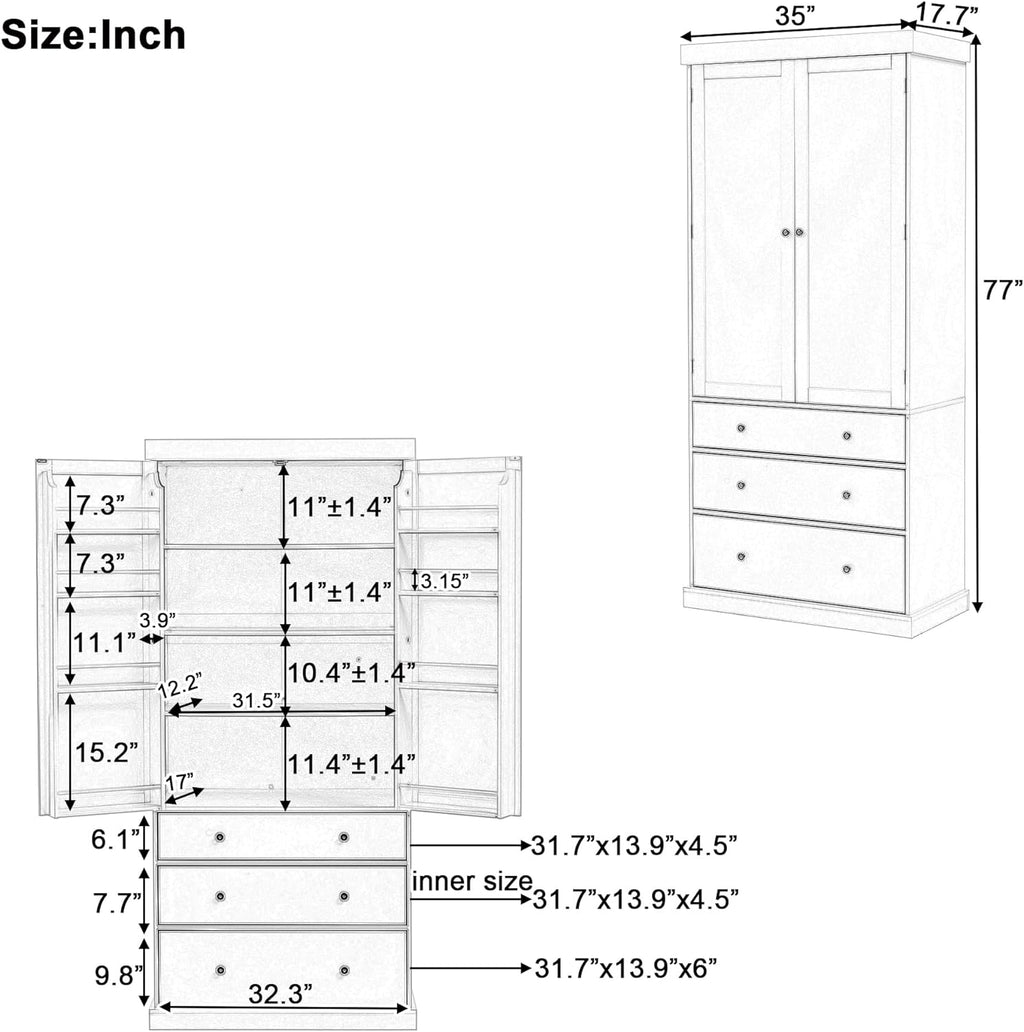 LUMISOL Kitchen Pantry Sideboard, 77” High Freestanding Large Cupboard Storage Cabinet with 3 Drawers, 3 Adjustable Shelves, 8 Door Shelves for Kitchen, Dining Room, Grey