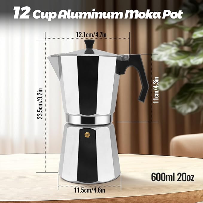 12 Cup Aluminum Moka Pot Classic Stovetop Espresso Coffee Maker 600ml 20oz Coffeemaker Percolator Mocha Pot Greca Coffee Maker Cafe Makers for Italian and Cuban Café Brewing Silver
