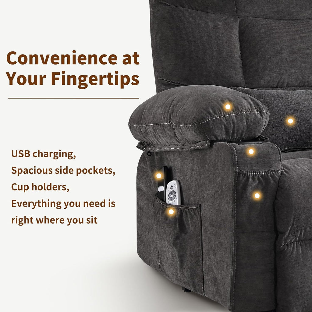 Power Lift Recliner Chair for Elderly with Massage and Heat, Comfortable Electric Power Reclining Chair with Side Pockets,2 Cup Holders and USB Charging Port for Living Room (Grey)