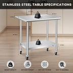 Stainless Steel Table with Wheels, Stainless Table for Prep & Work, 24x30x35 Inch Commercial NSF Metal Table for Restaurant Kitchen Hotel Garage
