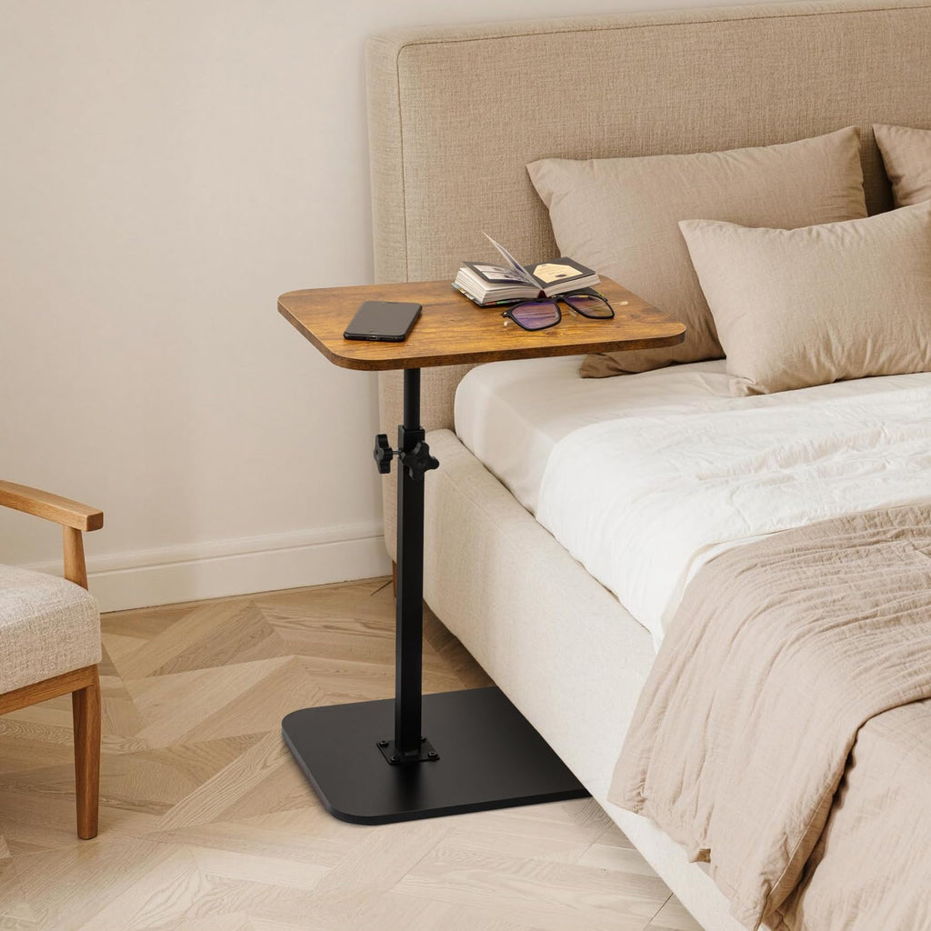 ZEAPTAC C-Shaped Side Table, 360° Swivel Height Adjustable, Lightweight Portable TV Tray Snack End Table for Couch Sofa Bed Small Spaces-Dark Brown Wood