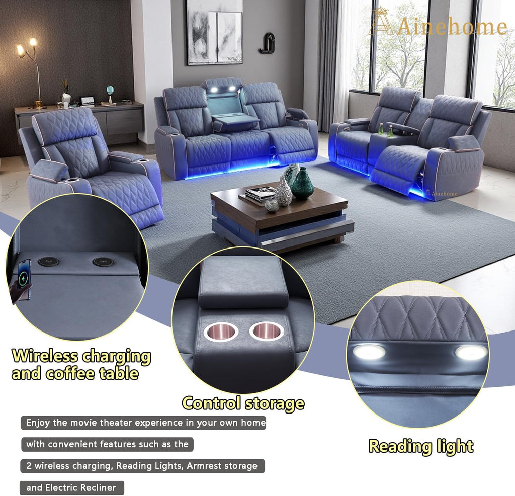 A Ainehome Sanded Leather Power Recliner Sofa Set with LED, 3 Pieces Living Room Furniture Sets, Blue Gray Reclining Sofa Sectional Couches for Living Room with USB Port/Storage Console/Cup Holders
