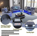 A Ainehome Sanded Leather Power Recliner Sofa Set with LED, 3 Pieces Living Room Furniture Sets, Blue Gray Reclining Sofa Sectional Couches for Living Room with USB Port/Storage Console/Cup Holders