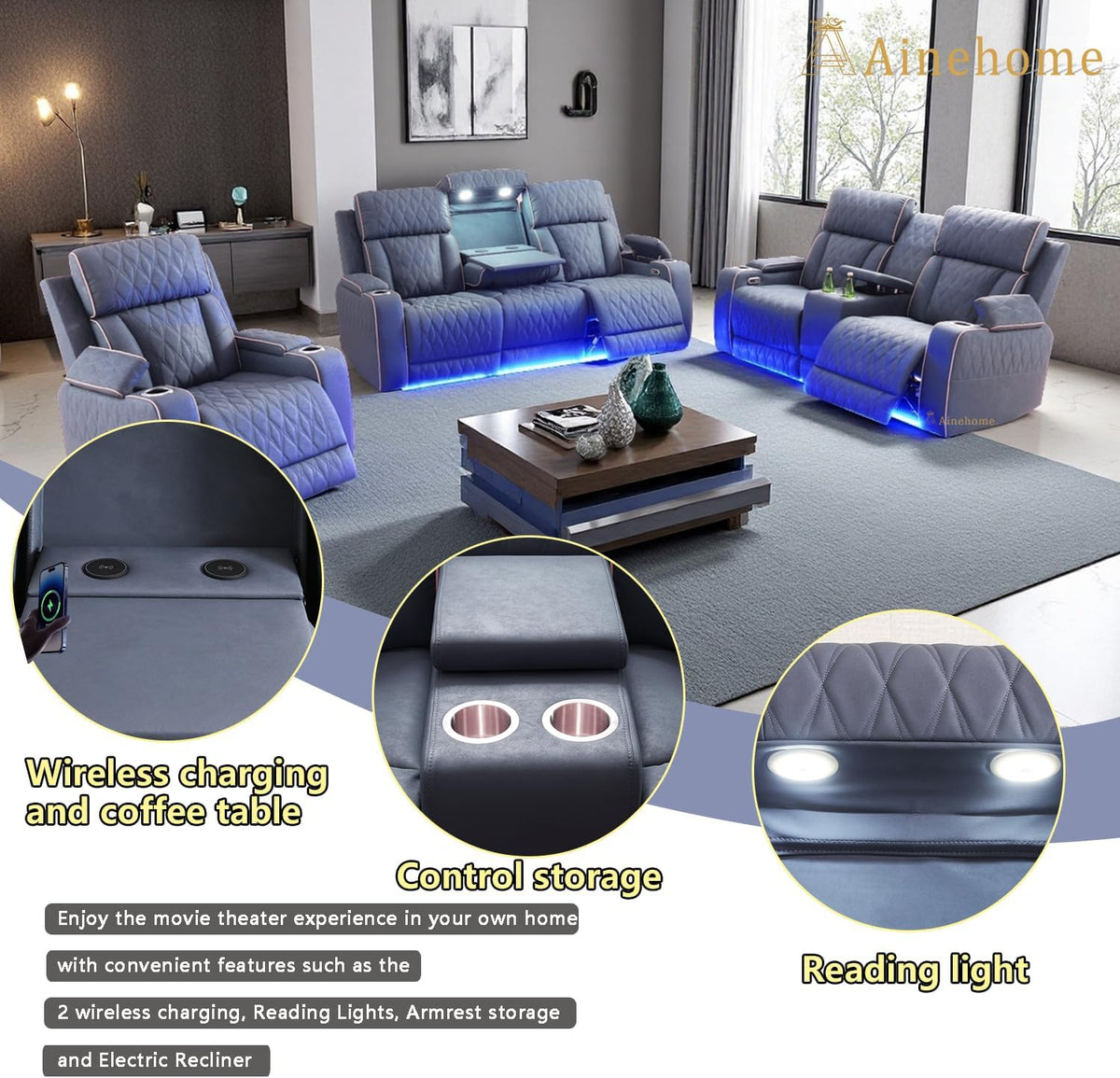 A Ainehome Sanded Leather Power Recliner Sofa Set with LED, 3 Pieces Living Room Furniture Sets, Blue Gray Reclining Sofa Sectional Couches for Living Room with USB Port/Storage Console/Cup Holders