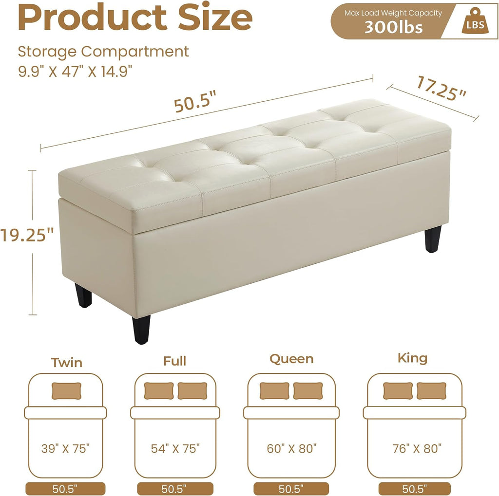 50.5 Inch Storage Ottoman Bench, Faux Leather Tufted Upholstered Bedroom Bench with Safety Hinges, Supports 300 lbs, Large Storage Bench for Living Room, Entryway (Cream)