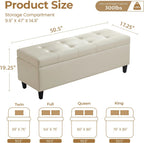 50.5 Inch Storage Ottoman Bench, Faux Leather Tufted Upholstered Bedroom Bench with Safety Hinges, Supports 300 lbs, Large Storage Bench for Living Room, Entryway (Cream)