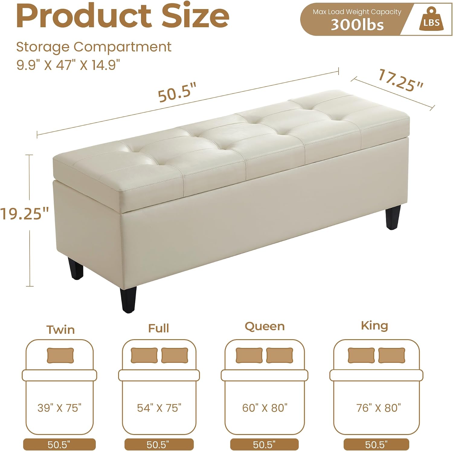 50.5 Inch Storage Ottoman Bench, Faux Leather Tufted Upholstered Bedroom Bench with Safety Hinges, Supports 300 lbs, Large Storage Bench for Living Room, Entryway (Cream)