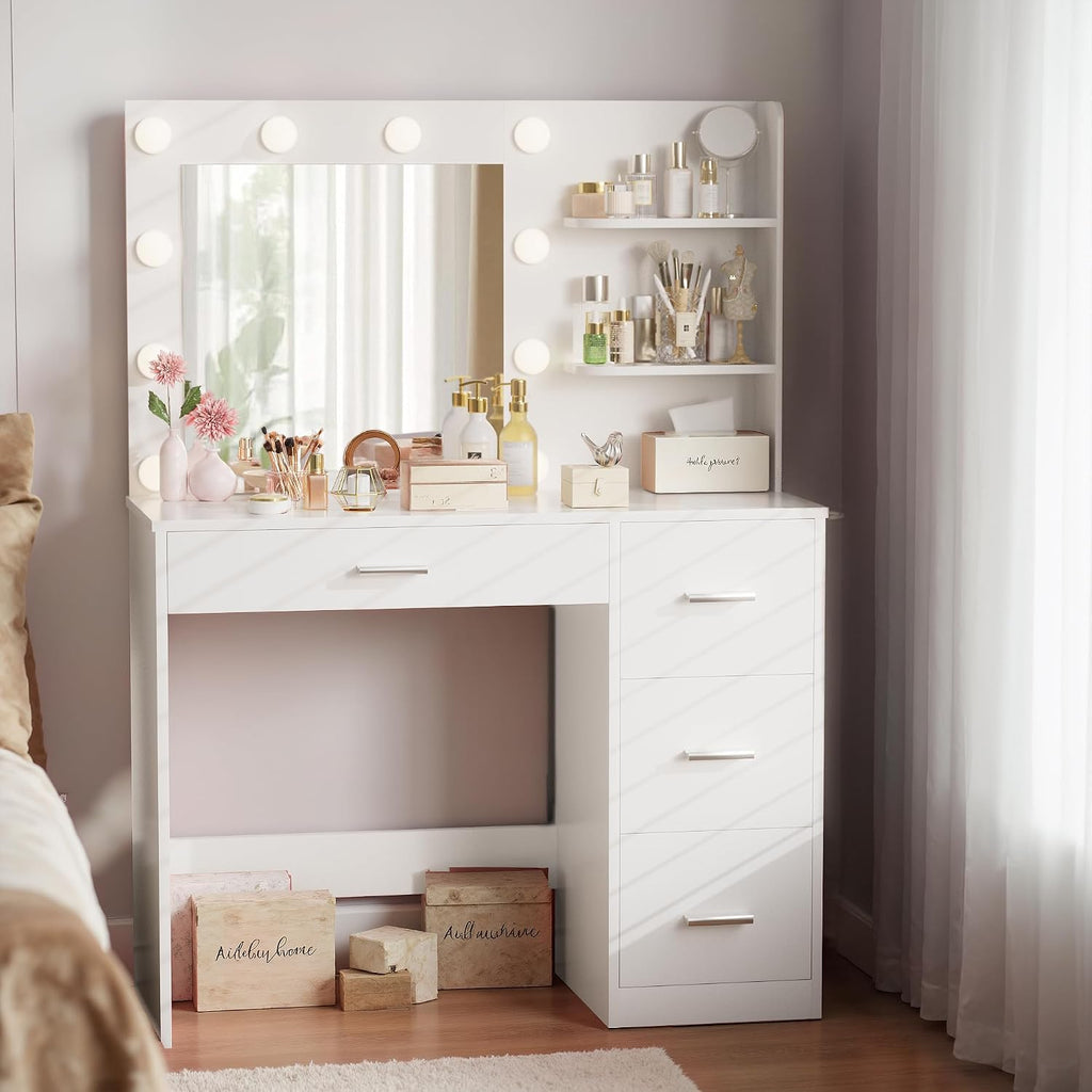 Furmax Vanity Desk with LED Lighted Mirror&Power Outlet, Makeup Vanity Table with 4 Drawers, 3 Open Storage Shelves, and 3 Color Modes, for Bedroom (Pure White)