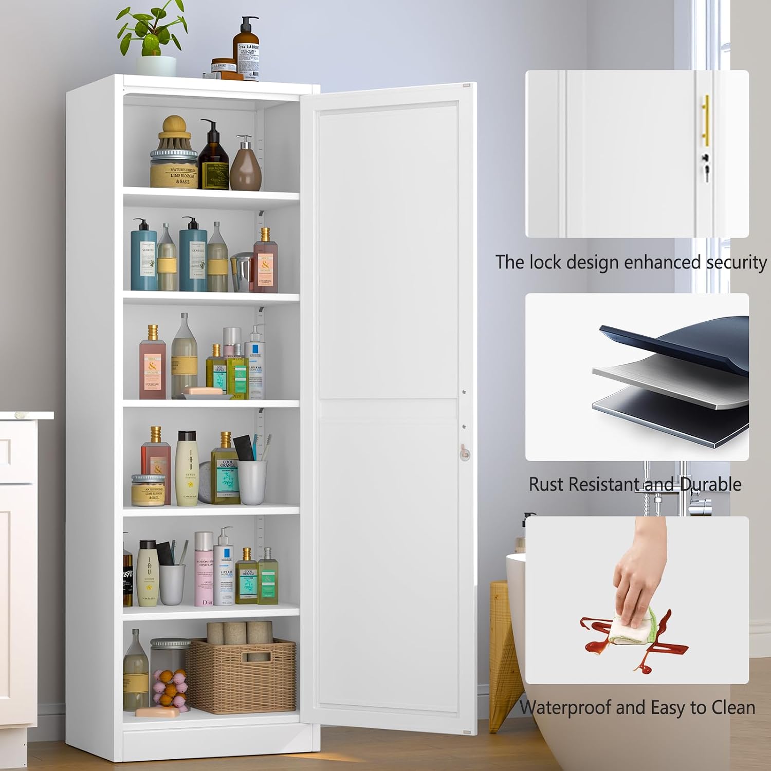 Metal Narrow Pantry Cabinet with Doors and Shleves, 67" H Tall Locker Cabinet, Kitchen Pantry Storage Cabinets for Kitchen, Living Room, Bathroom (1Door-Lock, White)