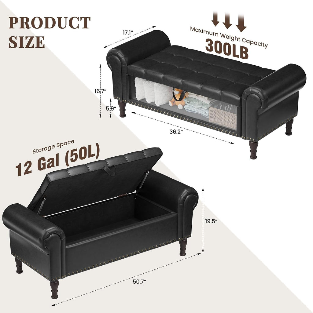 YOUDENOVA 51” Ottoman with Storage, Upholstered Storage Ottoman Bench with Rolled Arms, PU Leather Storage Bench for Bedroom, Living Room, Entryway, Black