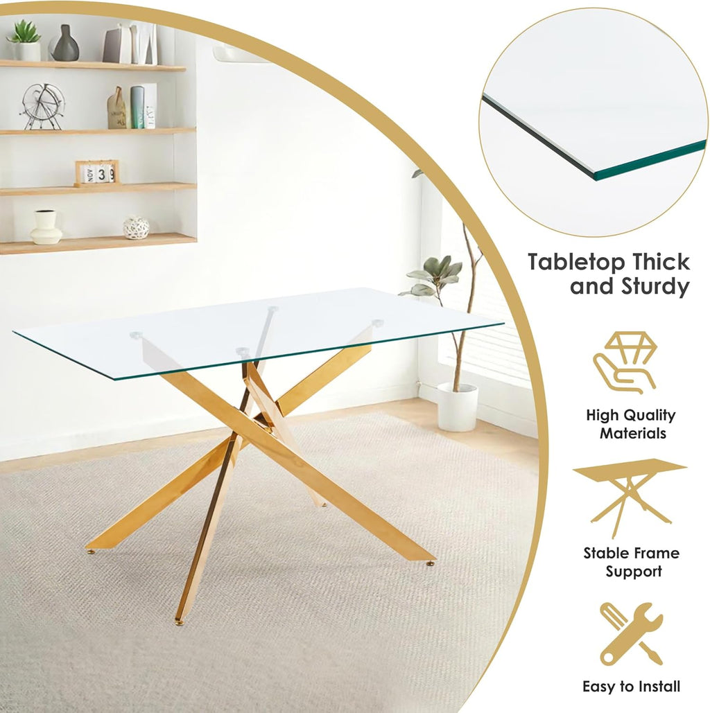 5-Piece Dining Table Set for 4, Modern Rectangular Glass Table with 4 Upholstered Leather Chairs, Space-Saving Dining Room Furniture Table & Chair Sets for Small Spaces & Apartment(Black&Gold)