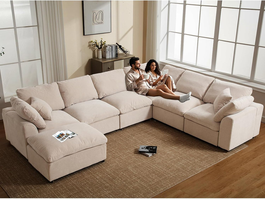 Oversized Modular Sectional Sofa, 7 Seater Cloud Couch with Ottoman | 130" Beige, Large U Shaped Convertible Corner Sofa In Chenille Fabric, Solid Wood Frame, for Spacious Living Room
