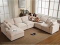 Oversized Modular Sectional Sofa, 7 Seater Cloud Couch with Ottoman | 130" Beige, Large U Shaped Convertible Corner Sofa In Chenille Fabric, Solid Wood Frame, for Spacious Living Room