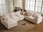 Oversized Modular Sectional Sofa, 7 Seater Cloud Couch with Ottoman | 130" Beige, Large U Shaped Convertible Corner Sofa In Chenille Fabric, Solid Wood Frame, for Spacious Living Room