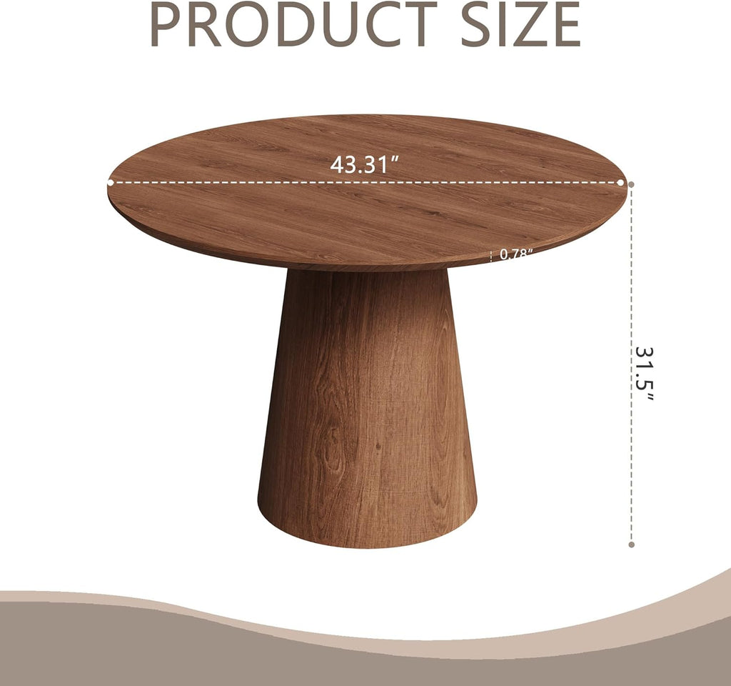 JUSTONE 43.3" Round Dining Table for 4-6,Wood Farmhouse Rustic Kitchen Table with Mid-Century Modern Pedestal Base, Natural Finish for Dining Room/Kitchen/Living Room(Walnut)