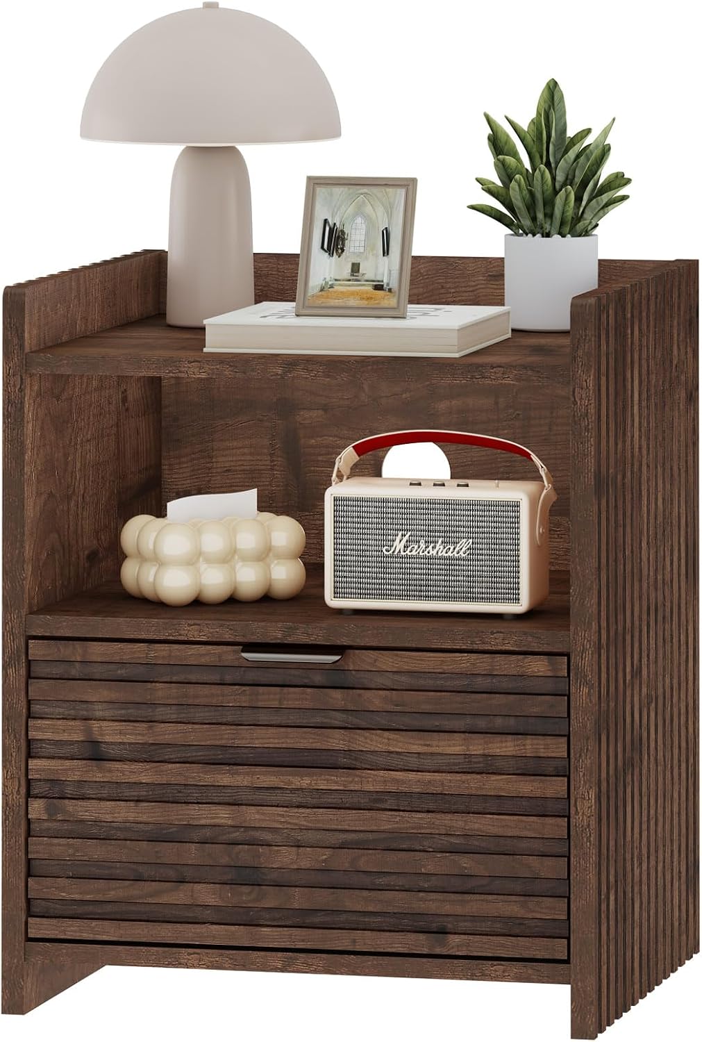 BON AUGURE Fluted Nightstand with Drawer and Storage Shelf, Modern Wood Bedside Table, Mid Century End Table for Bedroom Living Room Sofa Couch, Rustic Oak