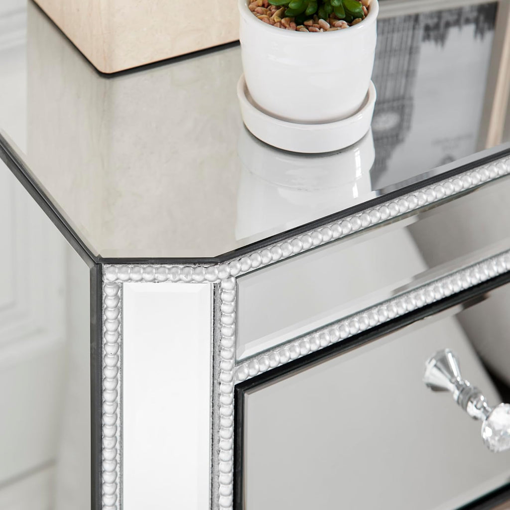 IKIFLY Mirrored Nightstand with 3 Drawers, Silver End Table with Pearl Lines, Accent Side Table for Living Room, Bedroom and Office