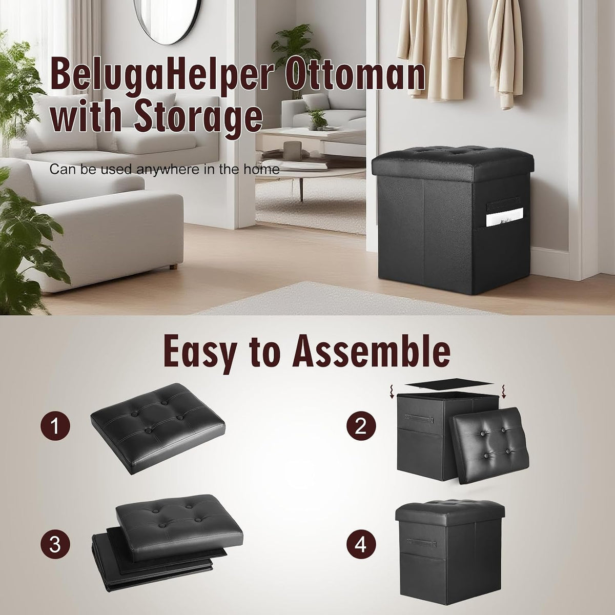 Storage Ottoman, Upgraded 17" High Folding Foot Stools Ottoman Dorm, Black | Ottoman Foot Rest with Thicker Foam Padded Seat, Leather Small Ottoman Bench for Living Room Bedroom Coffee Table, 17x13x17in