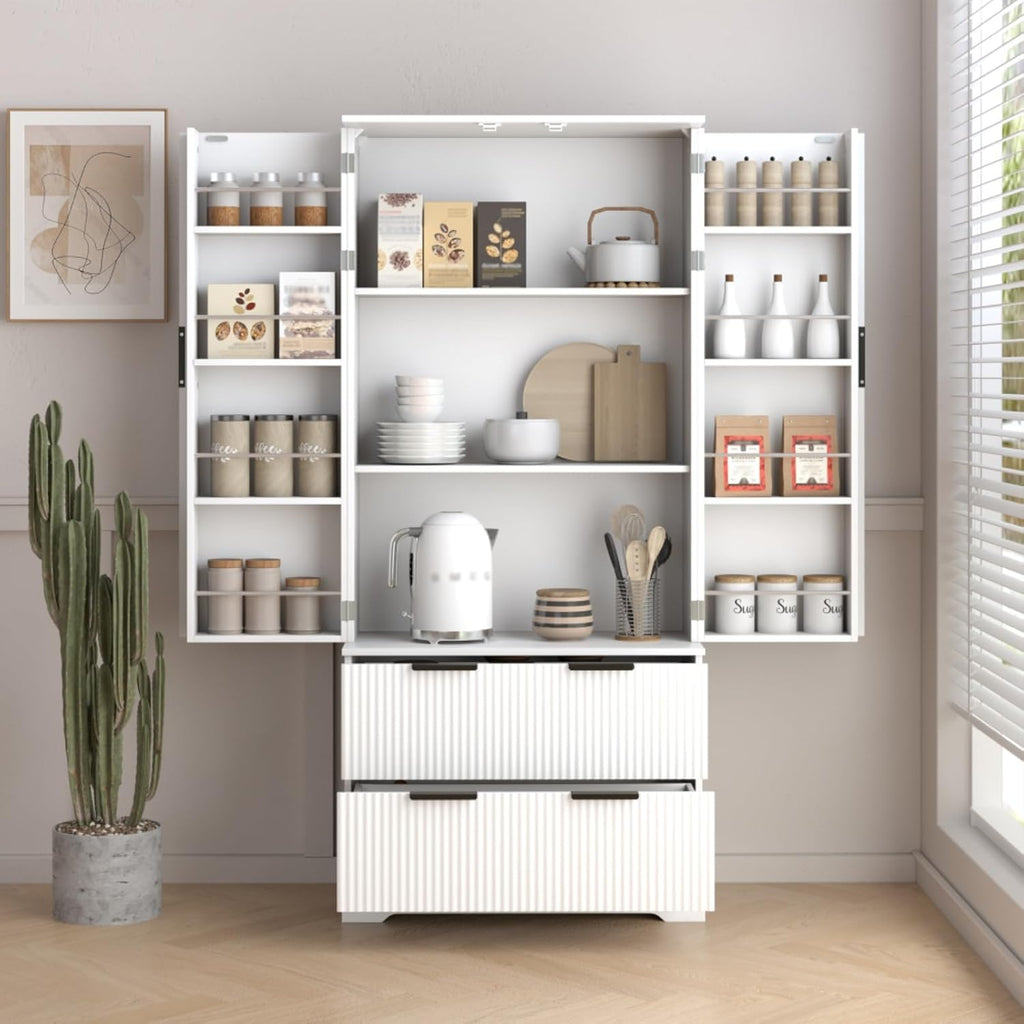 Hassyee 72" Modern Fluted Kitchen Pantry Cabinet with 2 Large Drawers & 8-Door Spice Rack, Freestanding Storage Organizer for Bathroom, Dining Room, Office, Entryway, White
