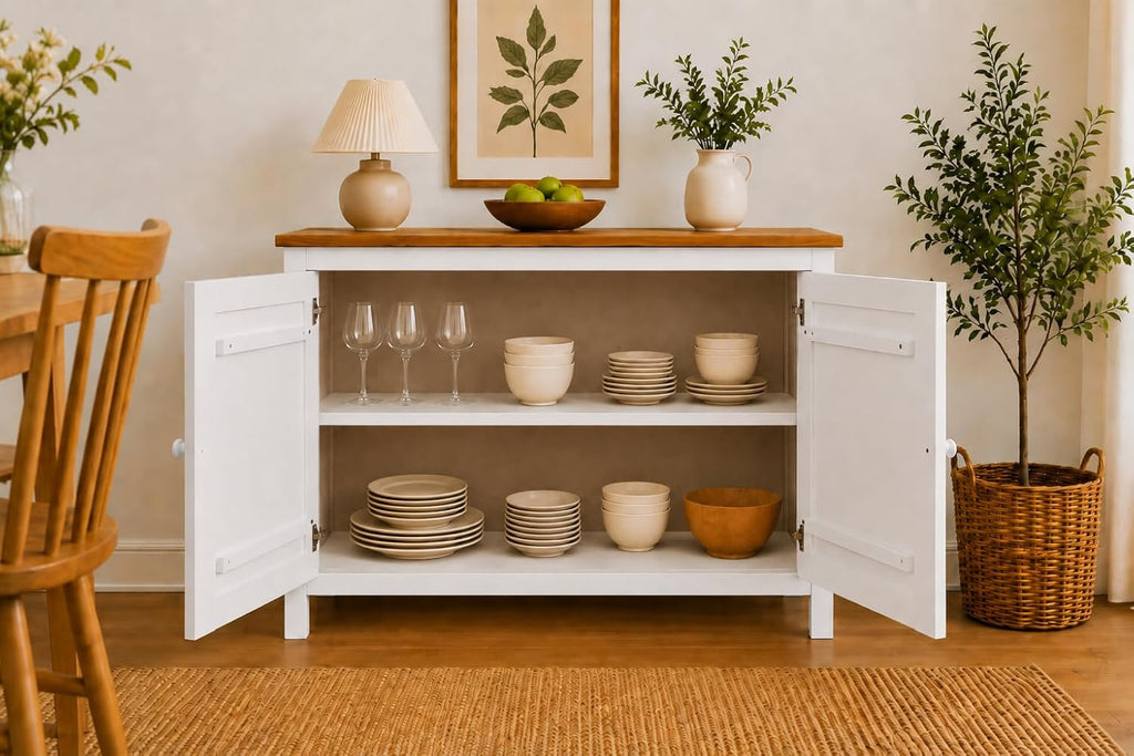 From the Tree Furniture 44" Wide White & Pine Top Solid Pine Shaker Sideboard Buffet Cabinet — 2 Doors Adjustable Shelf — No Drawer · Anti-Tip Included — Two-Tone Farmhouse Finish