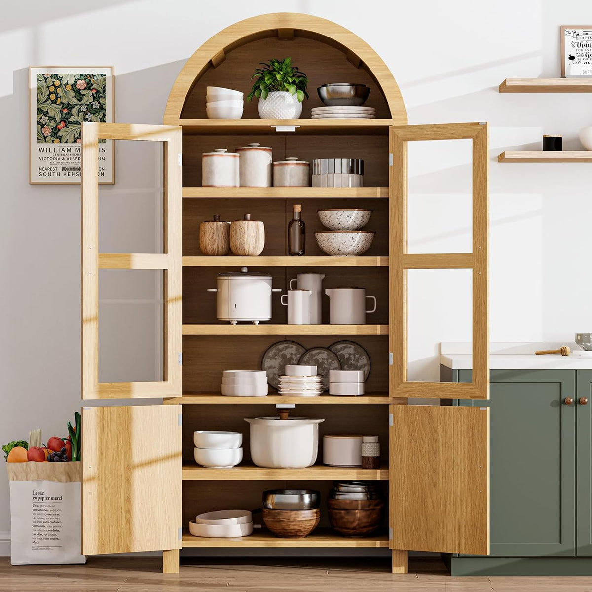71" Tall Arched Kitchen Pantry, Modern Farmhouse Kitchens Storage Cabinets, Versatile Cupboard for Kitchen, Dining Room, Wood, 1 Pc